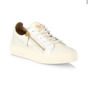 Funky White Designer Giuseppe Zanotti Side Zip Leather Low Top Sneakers, size 37